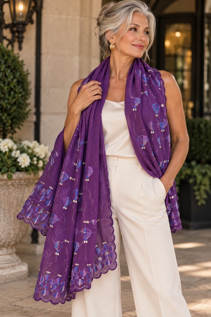 Purple Embroidered Hot Air Balloon Scarf Wrap 84" x 30"